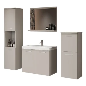 Hangende badkamer set met wastafel, spiegel en kolommen kasjmier mat Hangende badkamer set met wastafel, spiegel en kolommen kasjmier mat