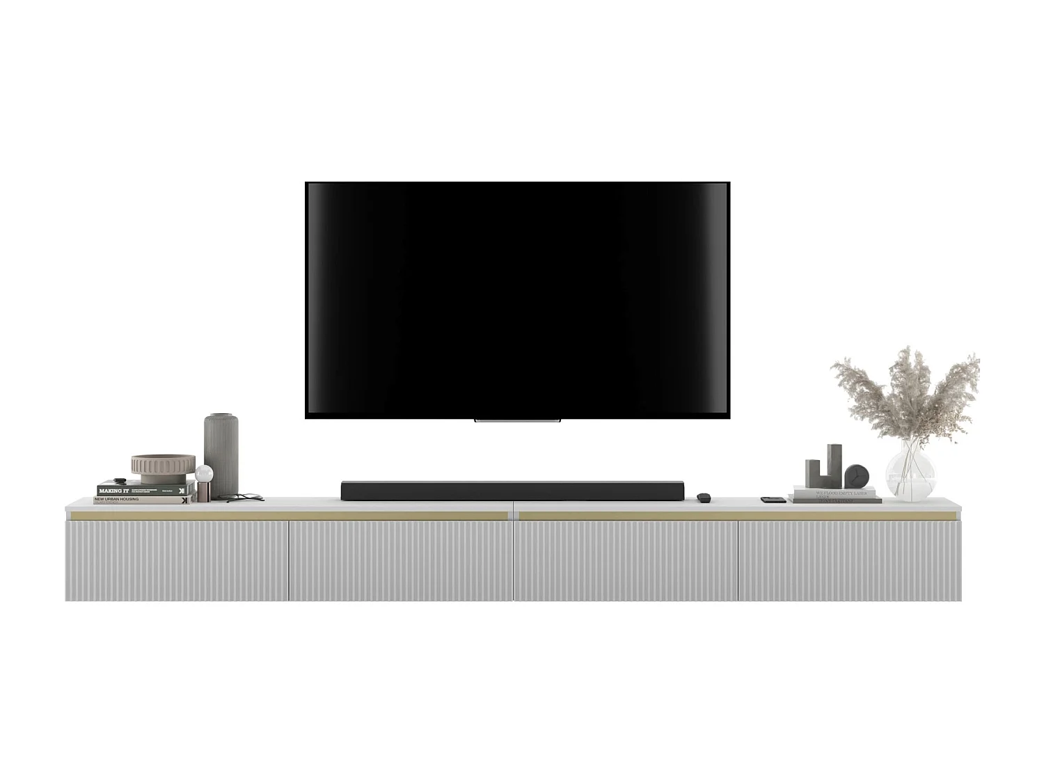 Hangend TV-meubel met 4 deuren - Romp Wit mat, geribbelde fronten Wit mat - 280 cm