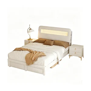 Gestoffeerd bed 140 x 200 cm, tweepersoonsbed met opbergruimte, lades en hoofdbord, led- en usb-aansluiting, lattenbodem, fluweel, beige Gestoffeerd bed 140 x 200 cm, tweepersoonsbed met opbergruimte, lades en hoofdbord, led- en usb-aansluiting, lattenbodem, fluweel, beige
