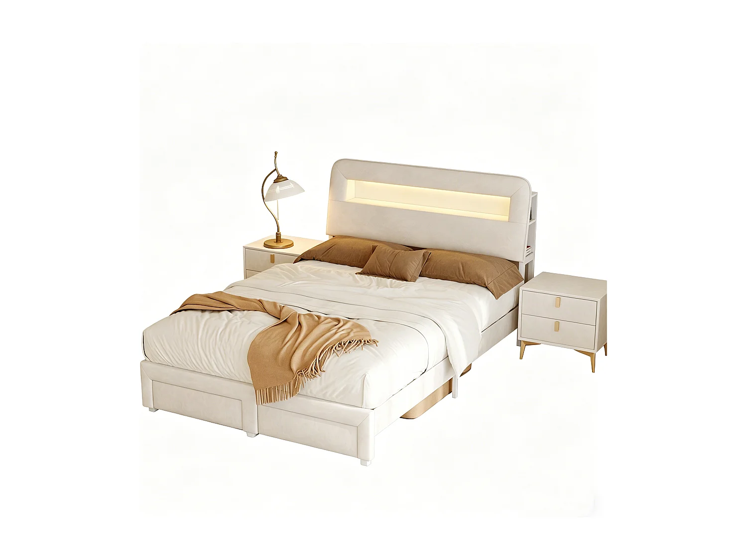 Gestoffeerd bed 140 x 200 cm, tweepersoonsbed met opbergruimte, lades en hoofdbord, led- en usb-aansluiting, lattenbodem, fluweel, beige