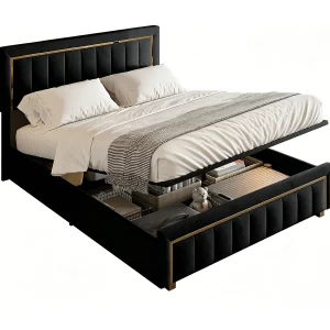 Gestoffeerd bed 140 x 200 cm, tweepersoonsbed met gasveer, lattenbodem en opbergruimte, zwarte fluwelen bekleding Gestoffeerd bed 140 x 200 cm, tweepersoonsbed met gasveer, lattenbodem en opbergruimte, zwarte fluwelen bekleding