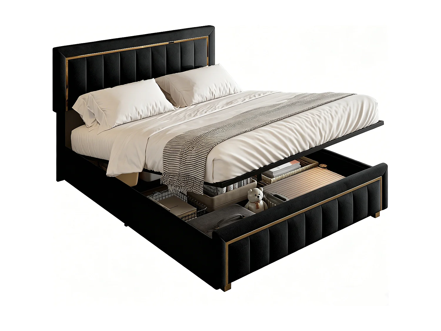 Gestoffeerd bed 140 x 200 cm, tweepersoonsbed met gasveer, lattenbodem en opbergruimte, zwarte fluwelen bekleding