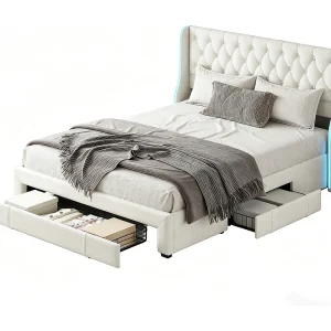 Gestoffeerd bed 160×200 cm, tweepersoonsbed met geïntegreerde ledverlichting, bed met hoofdbord en lattenbodem, opbergbed met 3 lades, fluweel, beige