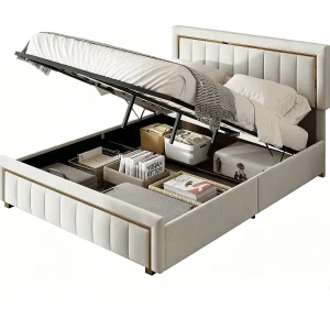 Gestoffeerd bed 140 x 200 cm, tweepersoonsbed met hydraulische opbergruimte en lattenbodem, opbergbed, fluweel, beige Gestoffeerd bed 140 x 200 cm, tweepersoonsbed met hydraulische opbergruimte en lattenbodem, opbergbed, fluweel, beige