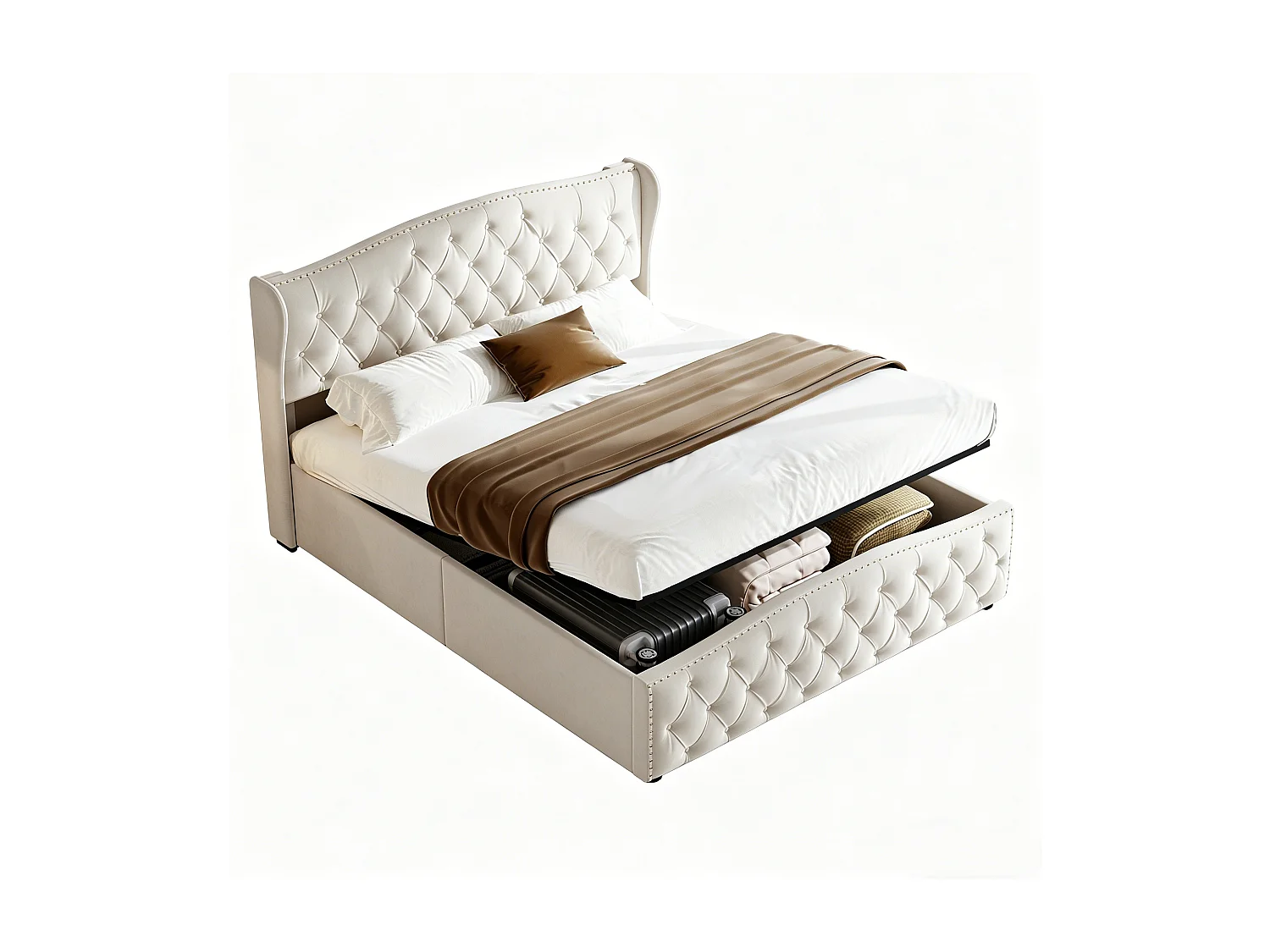 Gestoffeerd bed 140x200 cm, hydraulisch opbergbed met lattenbodem, tweepersoonsbedframe met hoofdbord, fluweel, beige