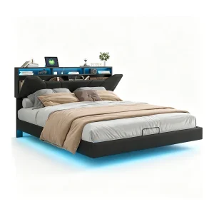 Gestoffeerd bed 140x200cm – tweepersoonsbedframe met gasveren en lattenbodem – bed met LED-lichtbalk – zwart Gestoffeerd bed 140x200cm – tweepersoonsbedframe met gasveren en lattenbodem – bed met LED-lichtbalk – zwart