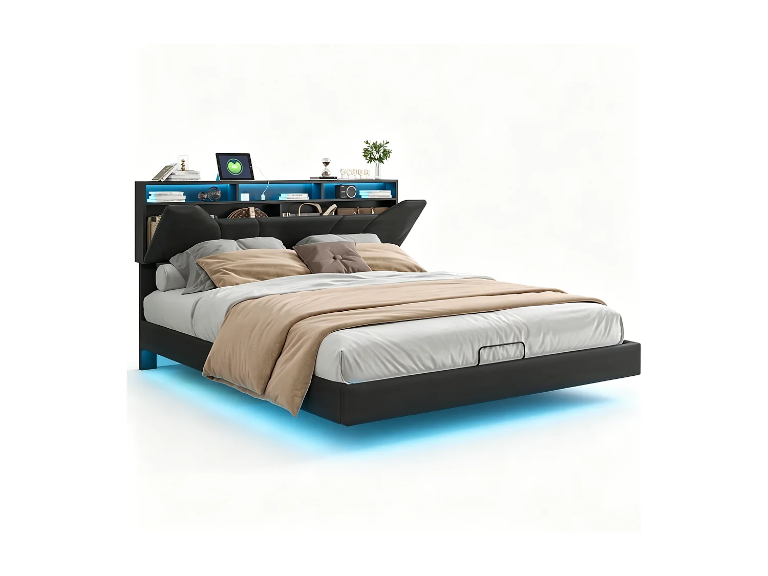 Gestoffeerd bed 140x200cm - tweepersoonsbedframe met gasveren en lattenbodem - bed met LED-lichtbalk - zwart