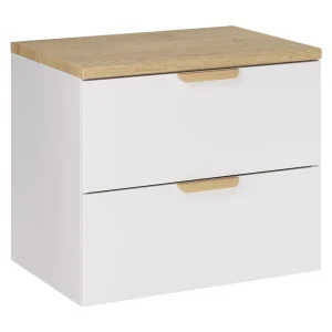 Wandmonteerde badkamerset OSTER 60cm: witte onderkast met lades + werkblad voor wastafel in licht eiken look Wandmonteerde badkamerset OSTER 60cm: witte onderkast met lades + werkblad voor wastafel in licht eiken look