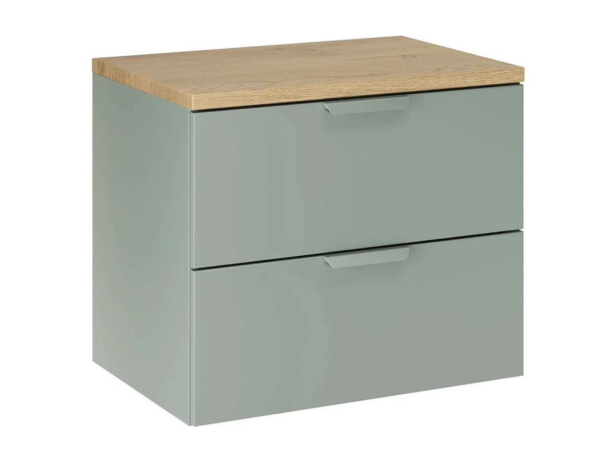 Badkamermeubelset OSTER 60cm: hangende onderkast met saliegroene laden + blad voor wastafel in lichte eiken look