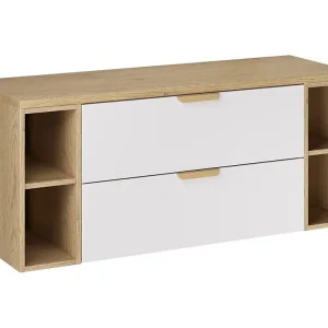 Hangend badkamermeubelset OSTER 120cm: witte onderkast met lades en zichtbare nissen + blad voor wastafel Hangend badkamermeubelset OSTER 120cm: witte onderkast met lades en zichtbare nissen + blad voor wastafel