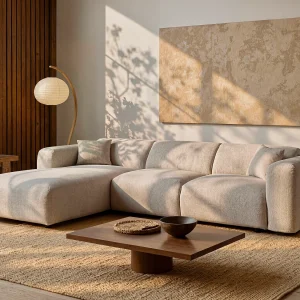 Grote hoekbank met hoek links van beige gechineerde stof POGNI van Maison Céphy Grote hoekbank met hoek links van beige gechineerde stof POGNI van Maison Céphy
