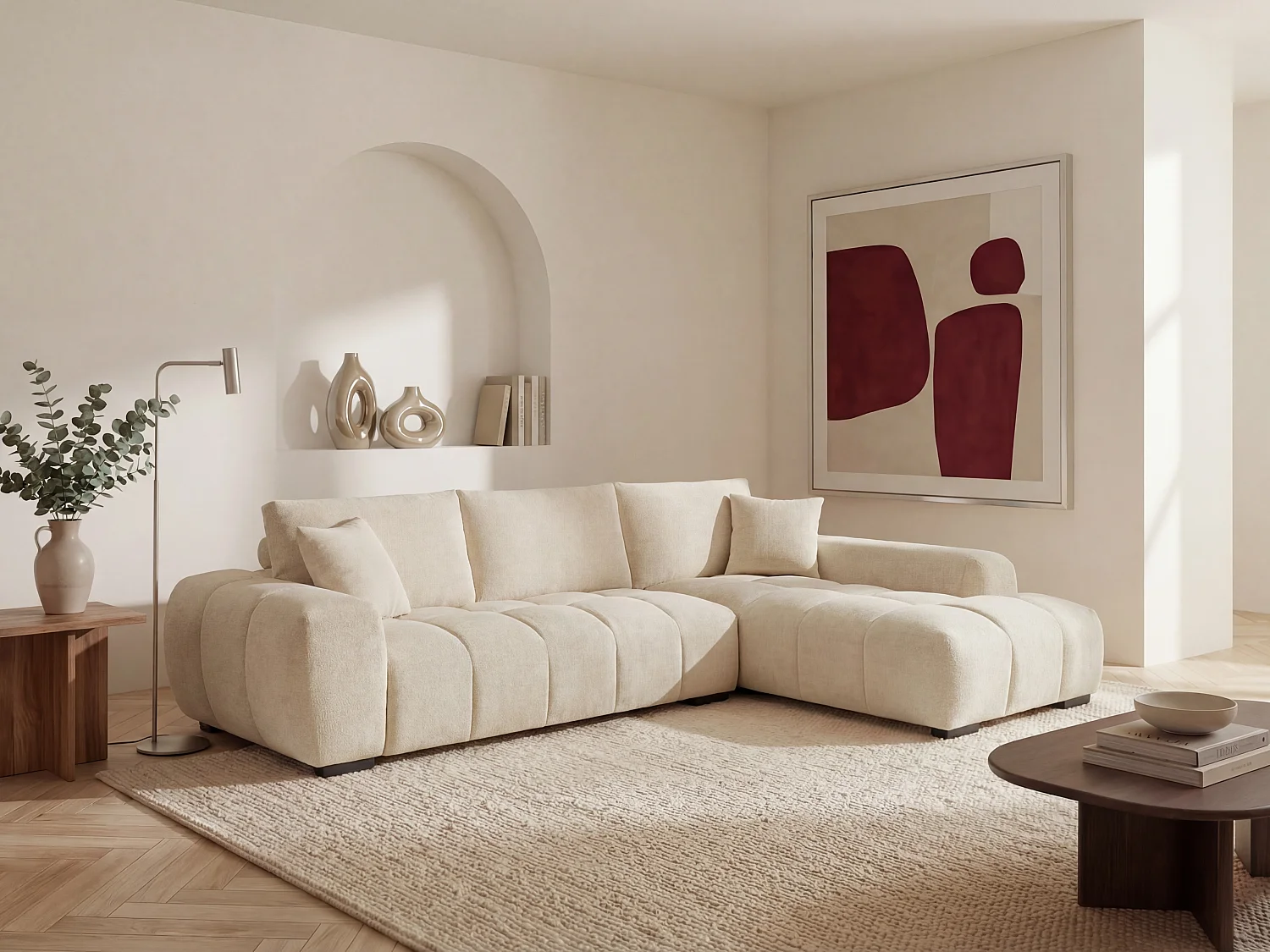 Hoekbank met hoek rechts van beige stof BERENIA