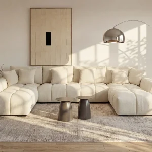 Grote hoekzitbank in beige stof met gewatteerd effect en een modern design BERENIA Grote hoekzitbank in beige stof met gewatteerd effect en een modern design BERENIA