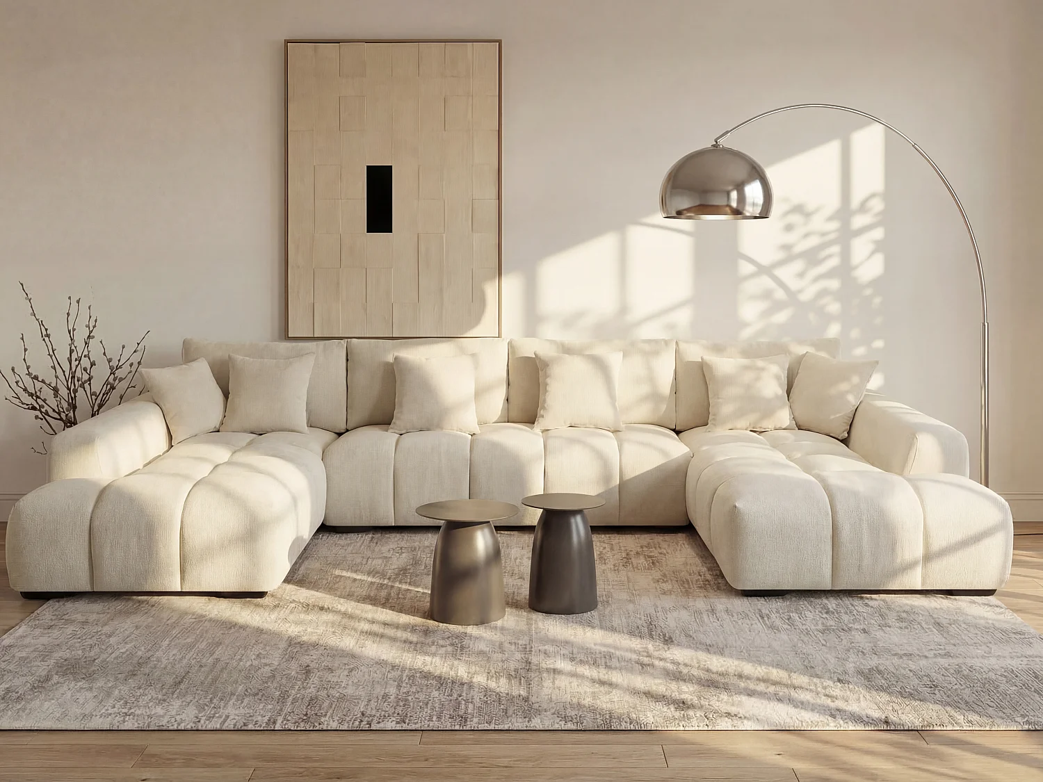 Grote hoekzitbank in beige stof met gewatteerd effect en een modern design BERENIA