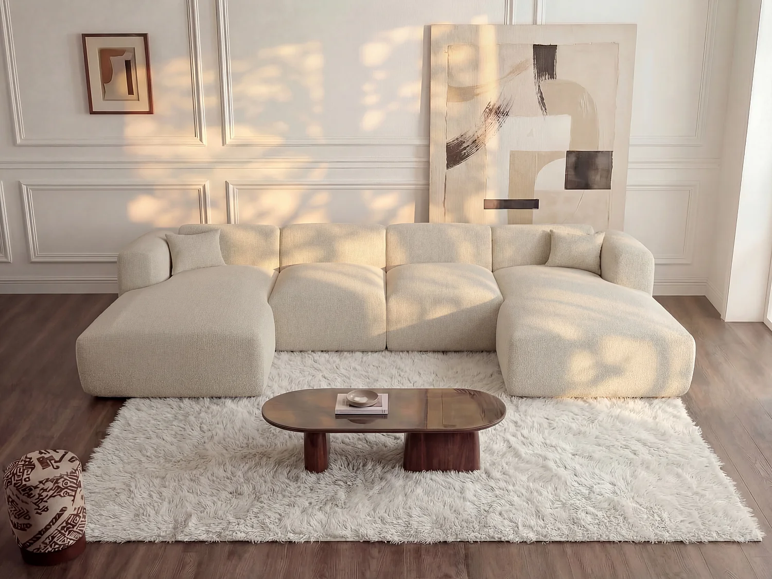 Grote hoekbank van beige stof POGNI van Maison Céphy