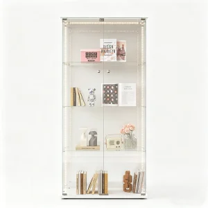 Glazen vitrinekast met LED-strips, displaykast, 2 afsluitbare deuren, 4 schappen, 163 x 78,5 x 35 cm, wit Glazen vitrinekast met LED-strips, displaykast, 2 afsluitbare deuren, 4 schappen, 163 x 78,5 x 35 cm, wit