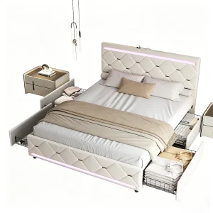 Gestoffeerd bed 140×200 cm met 4 lades – hoofdbord met led- en usb-poorten – lattenbodem – fluweel – gebroken wit Gestoffeerd bed 140×200 cm met 4 lades – hoofdbord met led- en usb-poorten – lattenbodem – fluweel – gebroken wit