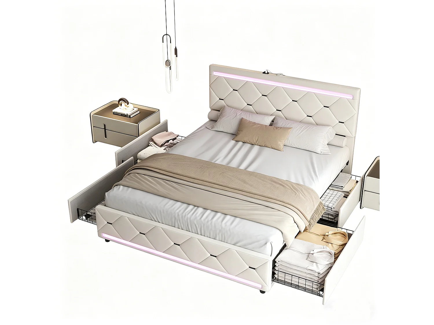 Gestoffeerd bed 140x200 cm met 4 lades - hoofdbord met led- en usb-poorten - lattenbodem - fluweel - gebroken wit