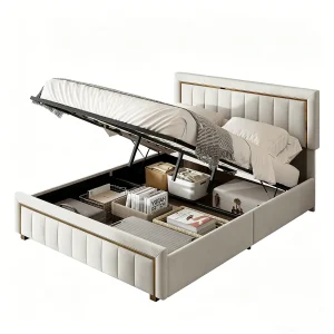 Gestoffeerd bed 140 x 190 cm – tweepersoonsbed met hydraulische opbergruimte en lattenbodem – fluweel – beige Gestoffeerd bed 140 x 190 cm – tweepersoonsbed met hydraulische opbergruimte en lattenbodem – fluweel – beige