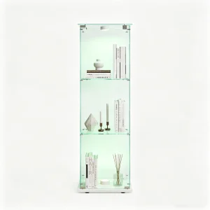 Glazen vitrinekast met 3 planken en touchverlichting – 123,3 x 39,8 x 35 cm – Smalle vitrinekast – wit
