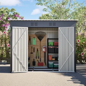 Grijze metalen tuinschuur, 2,54 m², met afsluitbare deur en 2 ventilatieroosters.