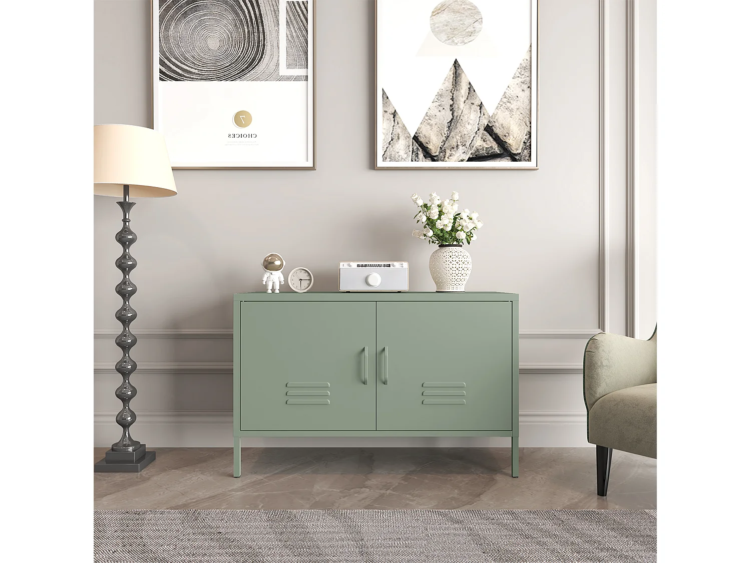 Groen stalen dressoir met verstelbare planken, 100x40x65 cm