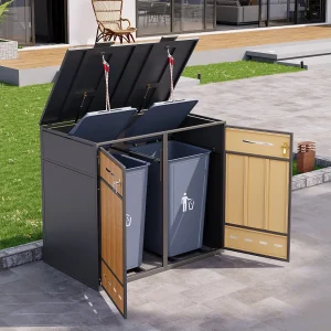 Grijze stalen afvalbakbehuizing met houtlook en 2 deuren. Grijze stalen afvalbakbehuizing met houtlook en 2 deuren.