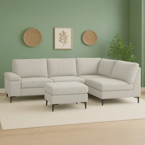 Hoekbank 4/5-zits van beige chenille stof met poef Comfortabel en modern – Hout en metaal – Afneembaar
