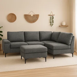 Hoekbank 4/5-zits van antracietgrijze chenille stof met 3-zits poef KONEKT – Comfortabel, moduleerbaar en elegant