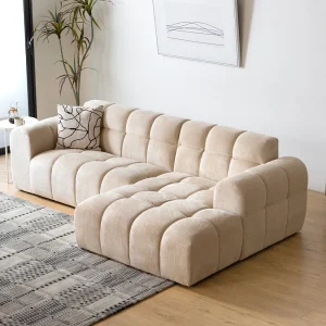 Hoekbank met 3 zitplaatsen in beige fluweel met rechter chaise longue – Comfortabel en modern