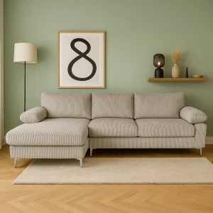 Hoekbank met 4-5 zitplaatsen en linker chaise longue van beige ribfluweel GALWAY
