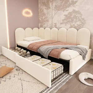 Gestoffeerd opbergbed voor kinderen – 90 x 190 cm – met 2 lades + lattenbodem – slaapbank – fluweel – beige Gestoffeerd opbergbed voor kinderen – 90 x 190 cm – met 2 lades + lattenbodem – slaapbank – fluweel – beige