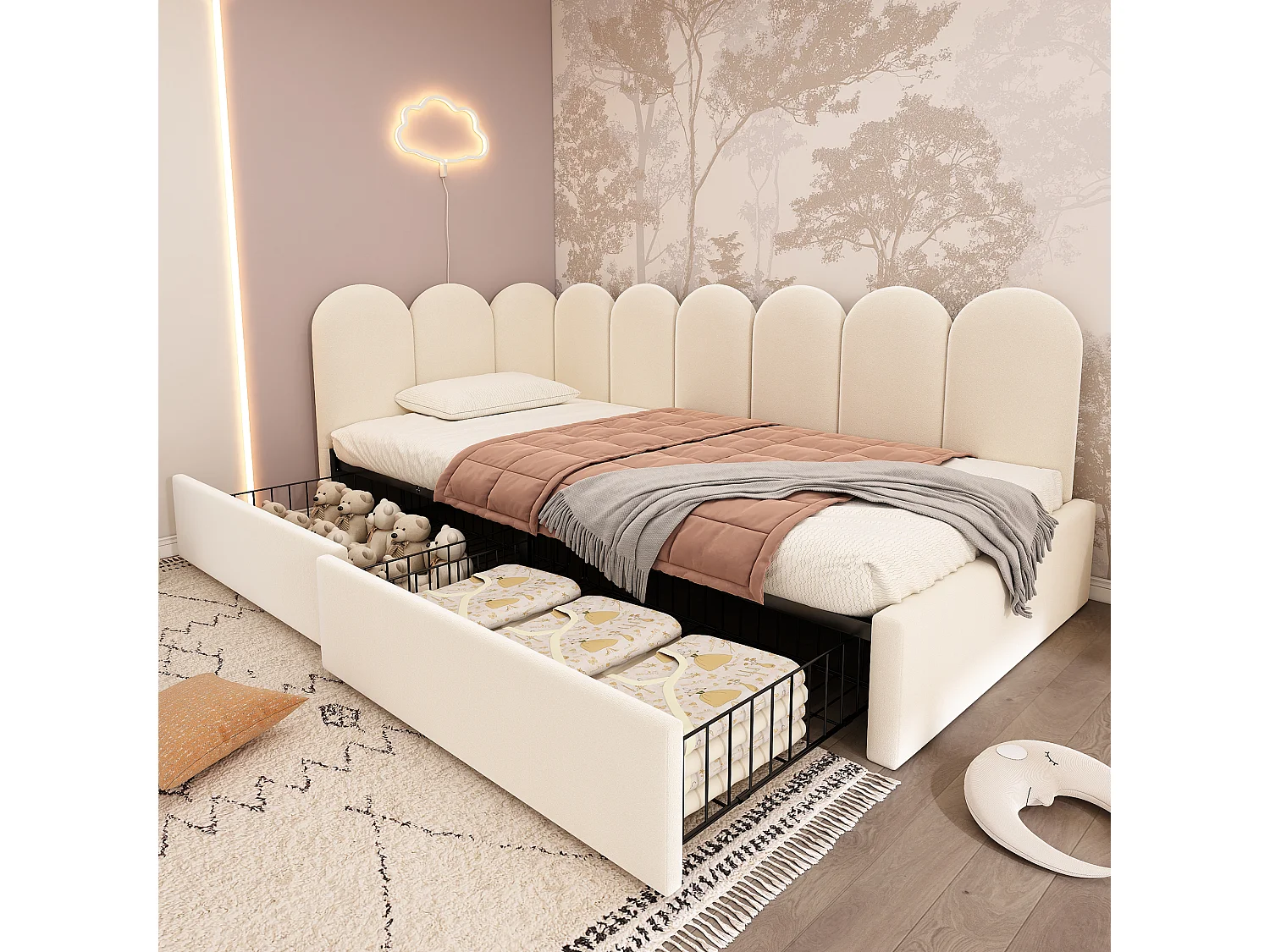 Gestoffeerd opbergbed voor kinderen - 90 x 190 cm - met 2 lades + lattenbodem - slaapbank - fluweel - beige