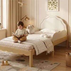 Gestoffeerd eenpersoons kinderbed 90×200 cm – PU-gestoffeerd hoofdbord – zijhekje – met lattenbodem – Naturel