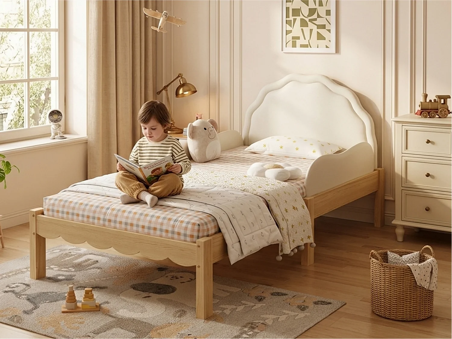 Gestoffeerd eenpersoons kinderbed 90x200 cm - PU-gestoffeerd hoofdbord - zijhekje - met lattenbodem - Naturel