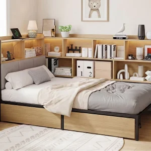 Gestoffeerd bed 90×200 cm – Met LED en USB-poort – 2 lades en opbergvakken – MDF – Naturel (zonder matras)
