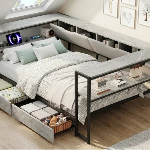 Gestoffeerd bed 90×200 cm – USB-poort – 2 lades en opbergvakken – Metalen lattenbodem – Grijs (zonder matras)