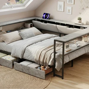 Gestoffeerd bed 140×200 cm – USB-poort – 2 lades en opbergvakken – Metalen lattenbodem – Grijs (zonder matras)
