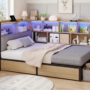 Gestoffeerd bed 140×200 cm – Met LED en USB-poort – 2 lades en opbergvakken – MDF – Naturel (zonder matras)
