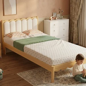 Gestoffeerd eenpersoons kinderbed 90×200 cm – PU-gestoffeerd hoofdbord – met lattenbodem – Naturel