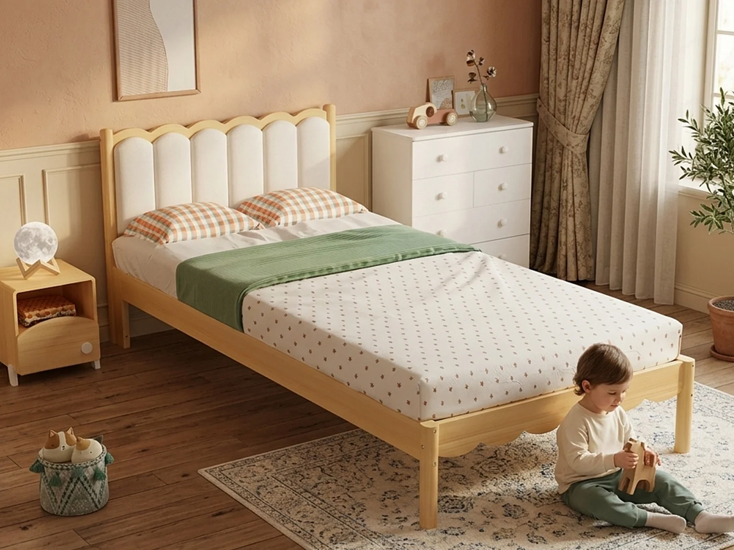 Gestoffeerd eenpersoons kinderbed 90x200 cm - PU-gestoffeerd hoofdbord - met lattenbodem - Naturel