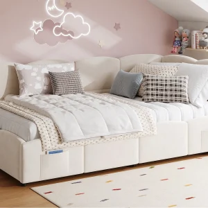 Gestoffeerd opbergbed 90×190 cm – met USB-poort en opbergzak – fluwelen stof – lattenbodem – beige (zonder matras) Gestoffeerd opbergbed 90×190 cm – met USB-poort en opbergzak – fluwelen stof – lattenbodem – beige (zonder matras)