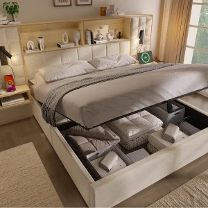 Gestoffeerd bed met opbergruimte 180×200 cm – met LED-verlichting en 2 leeslampen – 2 nachtkastjes – USB Type-C oplaadpoort – linnen stof – beige Gestoffeerd bed met opbergruimte 180×200 cm – met LED-verlichting en 2 leeslampen – 2 nachtkastjes – USB Type-C oplaadpoort – linnen stof – beige