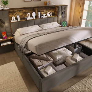 Gestoffeerd bed met opbergruimte 180×200 cm – met LED-verlichting – 2 nachtkastjes – USB Type-C oplaadpoort – linnen stof – grijs