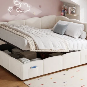 Gestoffeerd opbergbed 140×200 cm – met USB-poort en opbergzak – fluwelen stof – lattenbodem – beige (zonder matras) Gestoffeerd opbergbed 140×200 cm – met USB-poort en opbergzak – fluwelen stof – lattenbodem – beige (zonder matras)