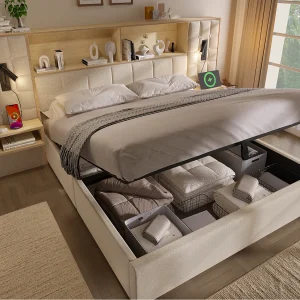 Gestoffeerd bed met opbergruimte 160×200 cm – met LED-verlichting en 2 leeslampen – 2 nachtkastjes – USB Type-C oplaadpoort – linnen stof – beige Gestoffeerd bed met opbergruimte 160×200 cm – met LED-verlichting en 2 leeslampen – 2 nachtkastjes – USB Type-C oplaadpoort – linnen stof – beige