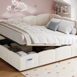 Gestoffeerd opbergbed 140×190 cm – met USB-poort en opbergzak – fluwelen stof – lattenbodem – beige (zonder matras) Gestoffeerd opbergbed 140×190 cm – met USB-poort en opbergzak – fluwelen stof – lattenbodem – beige (zonder matras)