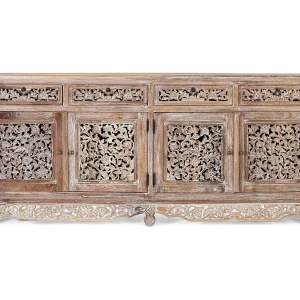 Handgesneden dressoir van massief teakhout met 4 deuren en 4 laden.