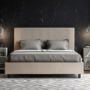 Gestoffeerd bed 160×200 met opbergruimte kunstleer taupe Goya