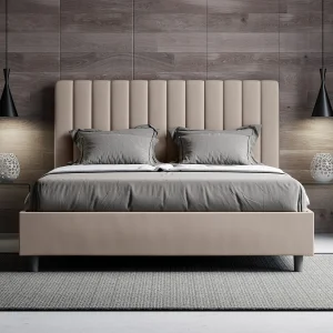 Gestoffeerd bed 160×200 met opbergruimte kunstleer taupe Agueda